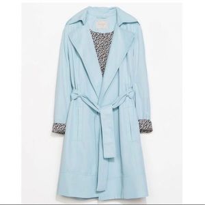 Zara Sky Blue Soft Trench Coat with Animal Print Lining, Size S, Pre-Owned